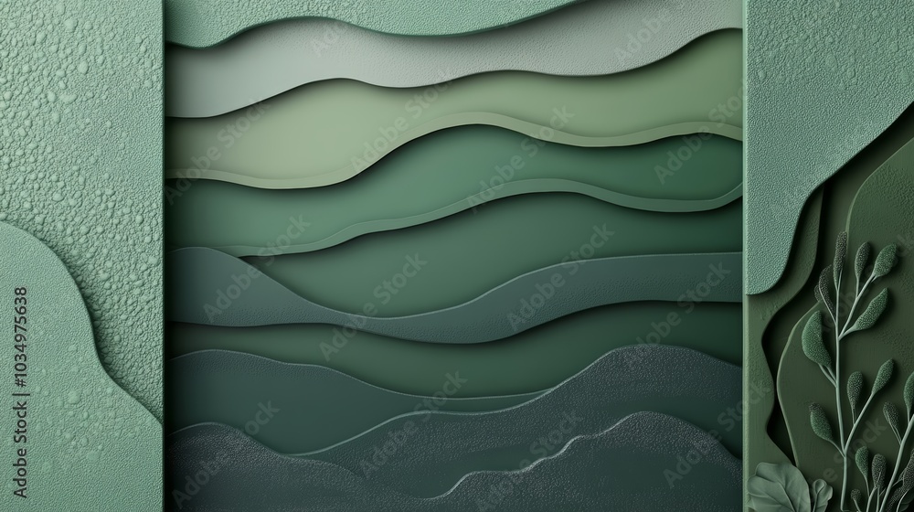 Poster a layered abstract design in various shades of green, featuring wavy textures and organic elements, 