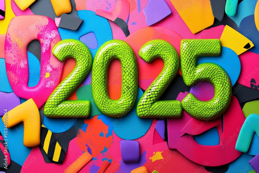 Poster colorful image of a snake with the number 2025 written on it. the snake is made of different colored