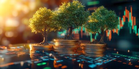 Investment growth visualized as trees sprouting from coins, holographic market charts in the background, Abstract, Warm Earth Tones, Digital