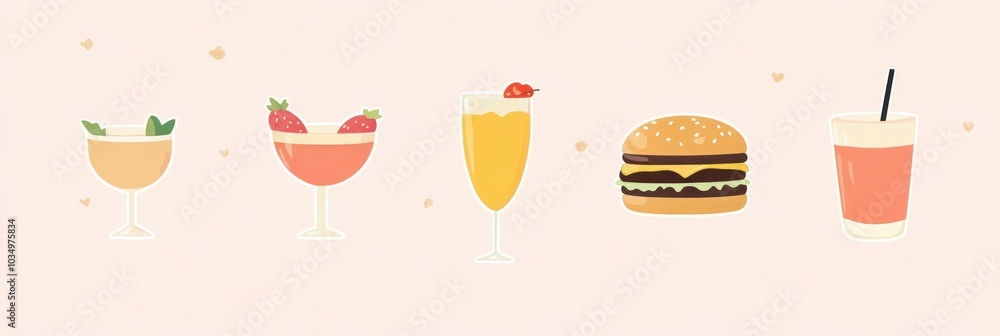 Poster Colorful cocktails and a burger displayed in a simple setup, creating a vibrant atmosphere for a light meal or gathering. Generative AI