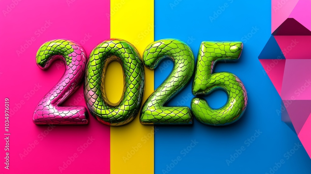 Poster colorful image of a snake with the number 2025 written on it. the snake is made of different colored