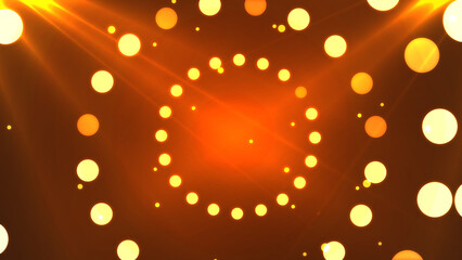 Obraz premium Luxurious shiny lights falling empty circular podium title plate.Endless presentation bg. Bright shiny stage light flash. Colorful theatre room performance laser holograms.Award show music bg
