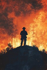 Silhouette of Firefighter Standing Against Intense Blaze on Hilltop