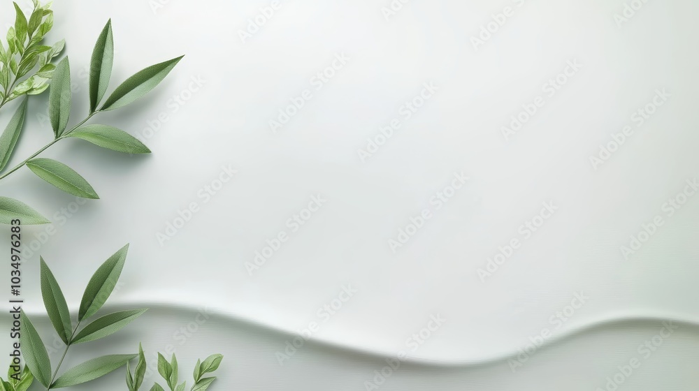 Poster minimalist background featuring soft curves and green leaves, creating a tranquil and fresh atmosphe
