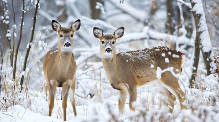 A pair of curious deer with white tails in a wintry landscape