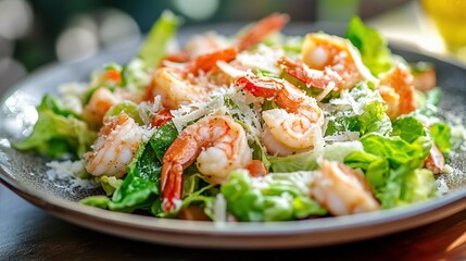 Delicious Caesar salad with shrimps on a white plate is perfect for a weight loss diet