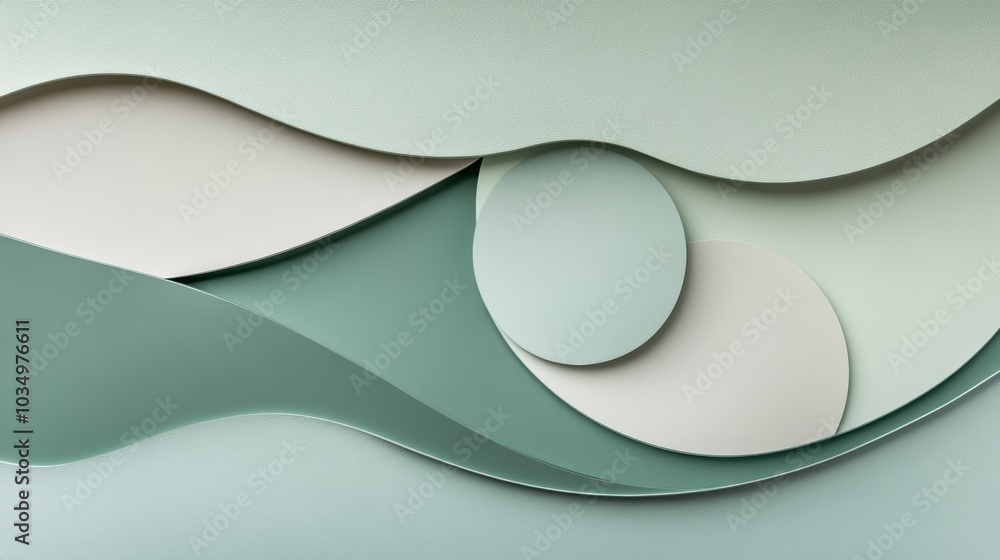Poster a serene composition of layered paper curves in soft greens and pale tones, creating a tranquil and 