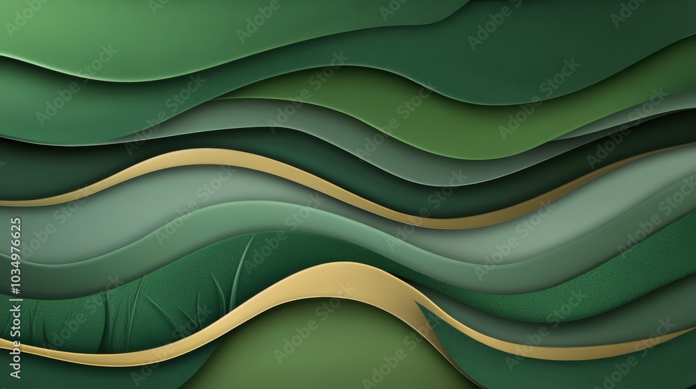 Poster a captivating abstract design featuring layered green waves with gold accents, creating depth and a 