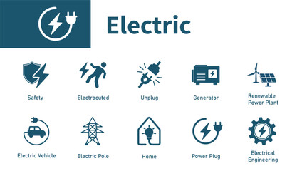 Electric icon. Set of solid vector icons on the theme of electric vehicle, electrical engineering, electrocution, safety, plug.