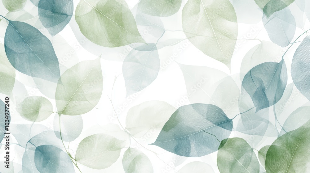 Poster a delicate pattern of soft green and blue leaves layered over a light background, creating a serene 