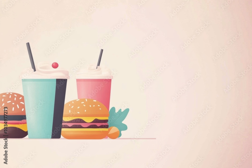 Poster A vibrant display features refreshing drinks and mouthwatering burgers, creating an inviting atmosphere for a casual meal. Generative AI