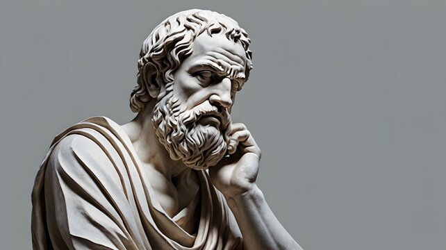 Classic greek philosopher statue in contemplative pose with detailed beard and robe against minimal background