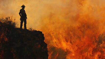 Brave Firefighter Silhouette Against Intense Blaze on Cliff Edge