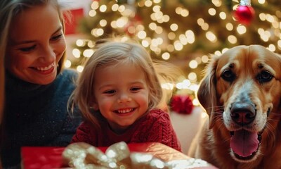 Slow Motion of Happy Little Family Exchanging Gifts on Christmas Morning: Brother and Sister Receiving their Gifts