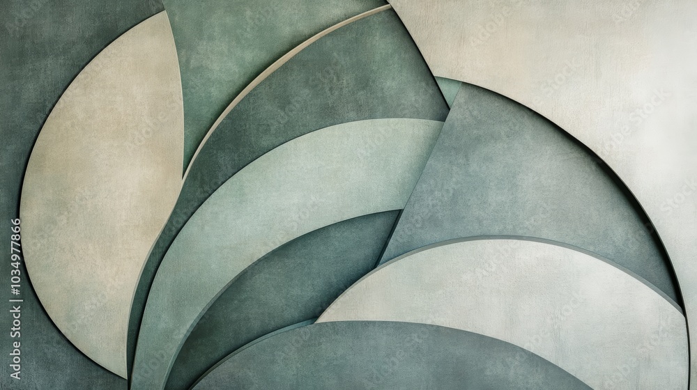 Poster a serene abstract composition featuring layered circular shapes in varying shades of green and gray,
