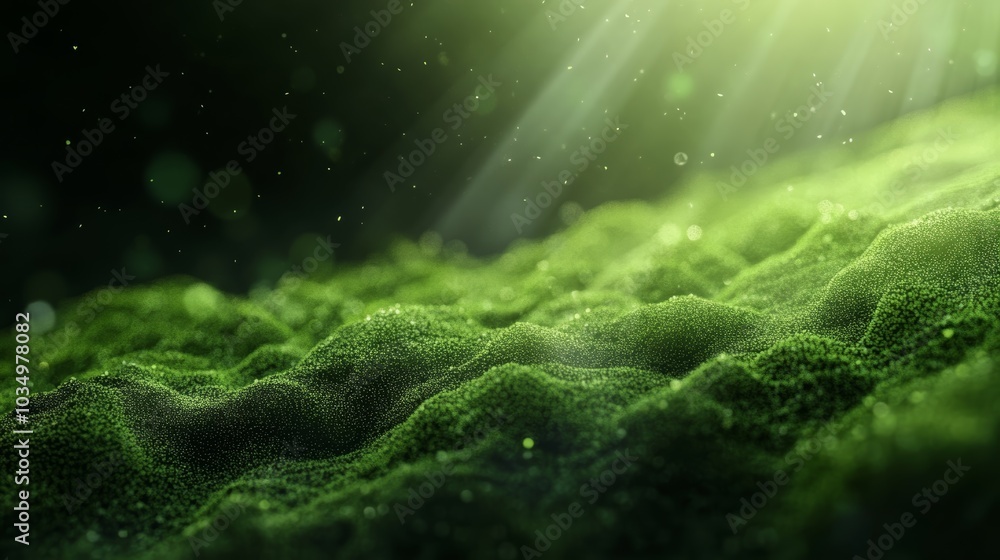Poster a vibrant green landscape filled with moss and illuminated by soft rays of light, creating a serene 