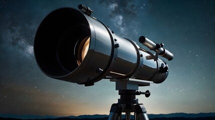 Close up of high powered telescope aimed at stars astronomy and astrophotography background