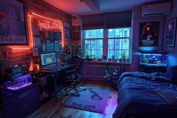 A cozy and modern bedroom with a desk, neon signs, and a fish tank.