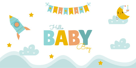 colorful Children's Birthday banner with a rocket flying between the clouds and stars