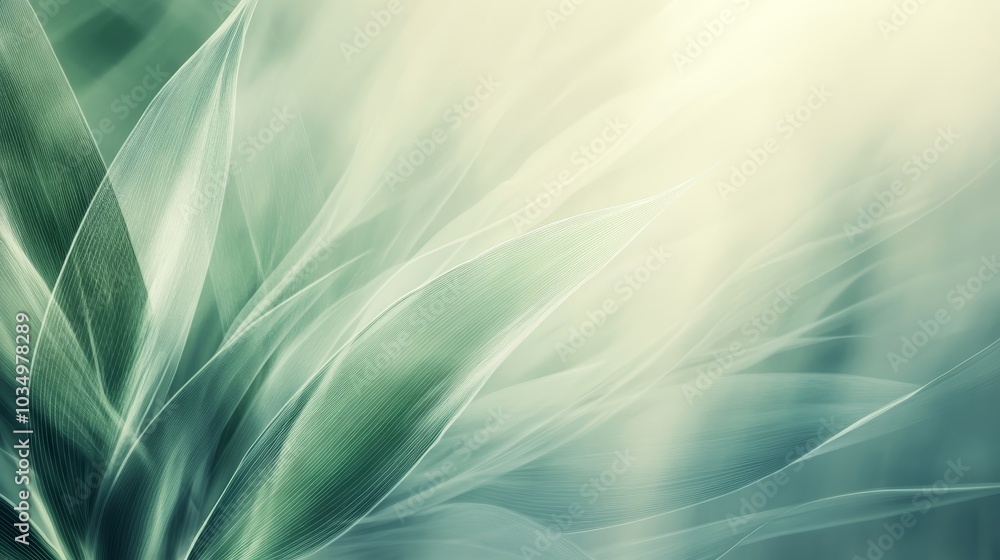 Poster a soft, ethereal composition of green leaves blending with gentle light, creating a tranquil and soo
