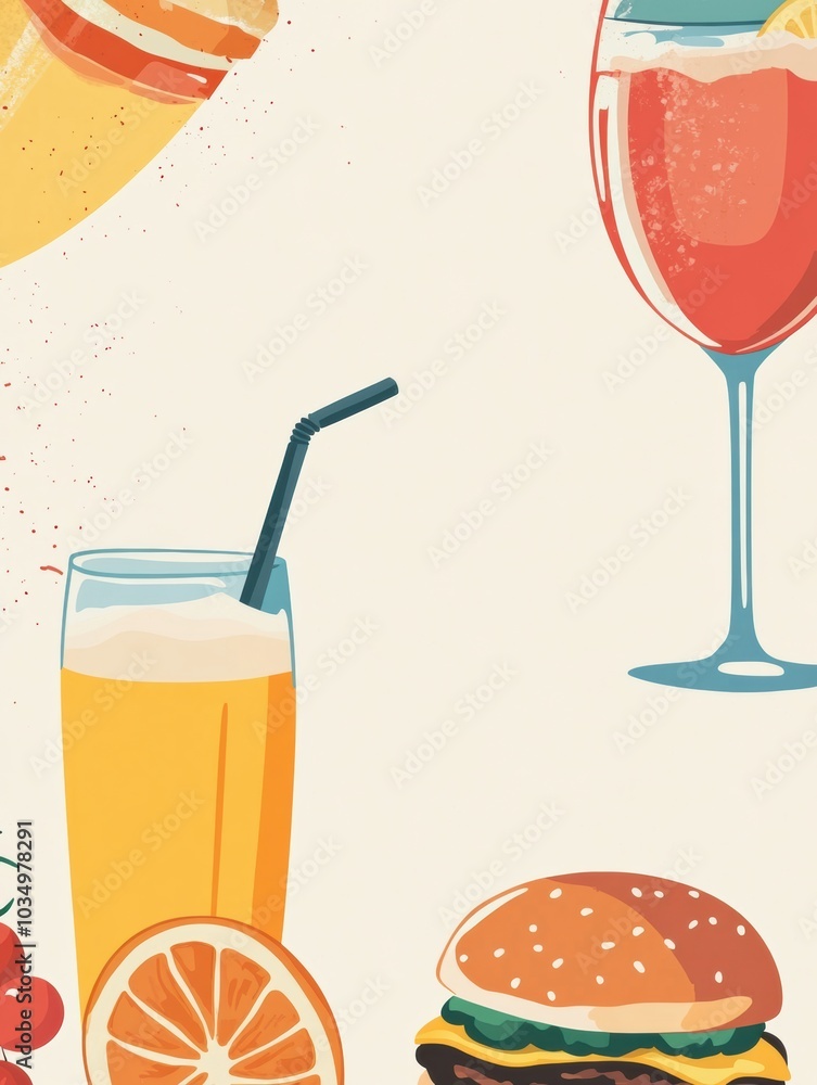 Poster a collection of vibrant drinks and appetizing burgers set against a simple background, evoking a rel