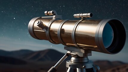 Golden telescope with starry night background  luxury astronomy equipment for stargazing