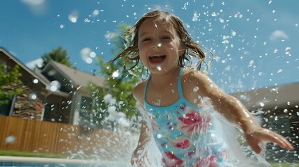 Obraz premium A joyful child splashes in a pool on a sunny day, embodying fun and carefree summer moments.