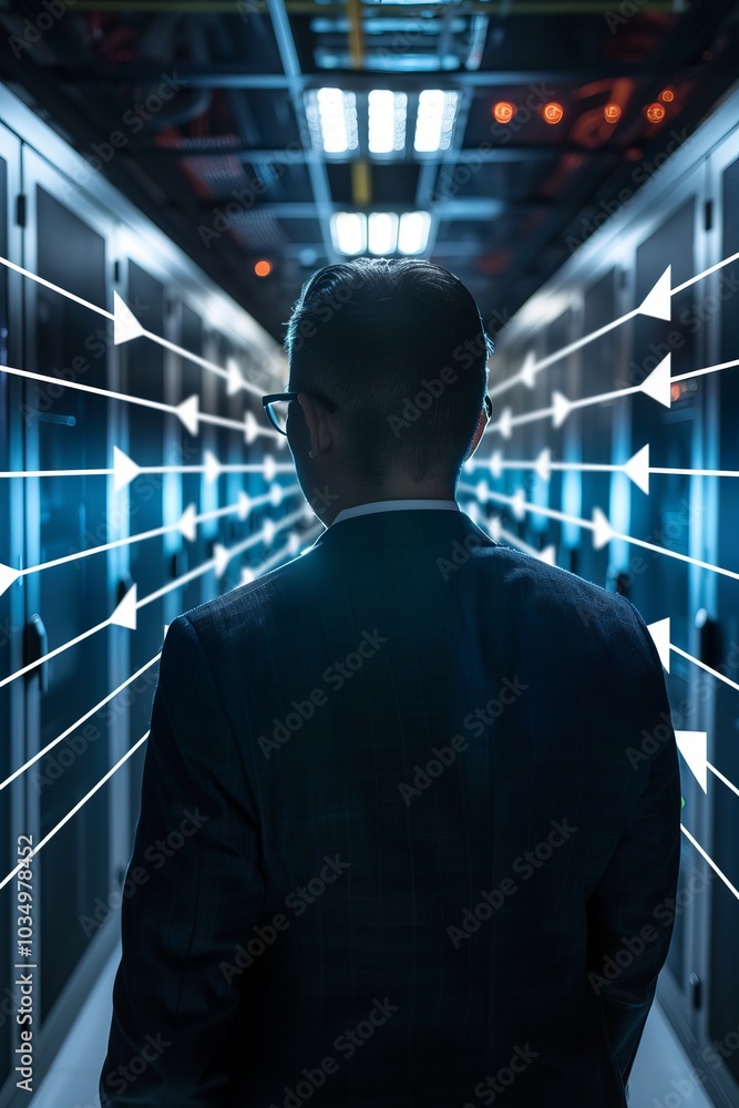 Poster businessman in data center with digital arrows representing network and information flow in a modern