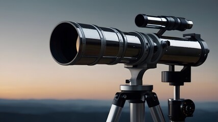 Metal telescope with sunset background  perfect for stargazing and astronomy enthusiasts