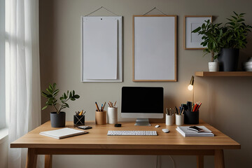 Scandinavian Home Office Design: Modern Aesthetic with Wooden Mock-Up Frame and Sleek Accessories