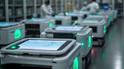 Fototapeta premium Automated Guided Vehicles (AGVs) with Green Lights in a Warehouse or Factory