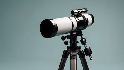 White and black telescope on tripod with green background  stargazing and astronomy equipment