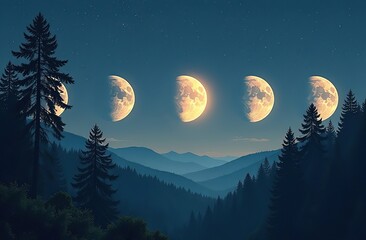Phases of the Moon: waxing crescent, first quarter, waxing gibbous, full moon, waning gibbous, third guarter, waning crescent. Forest landscape with stars 