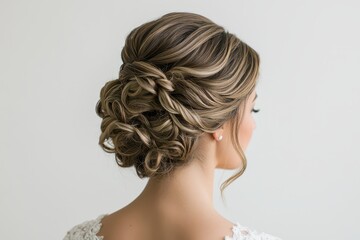 Elegant salon updo with intricate details, showcasing a luxurious and professional hairstyle finish.