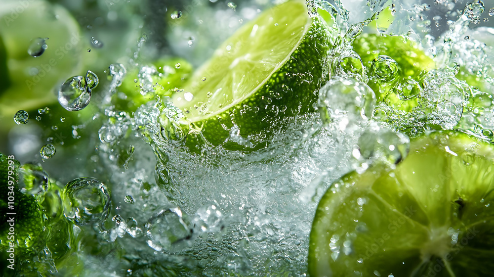 Poster lime slices splashing in water with bubbles and droplets