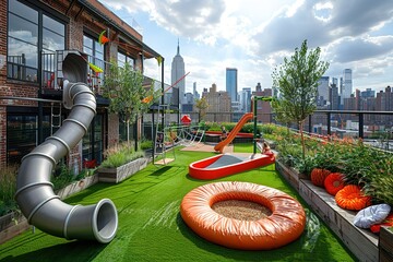 A rooftop playground with a slide, a bouncy house, and a cityscape view.