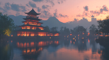 Obraz premium An illuminated temple at dusk, reflecting the deep spiritual significance it holds for the surrounding community.