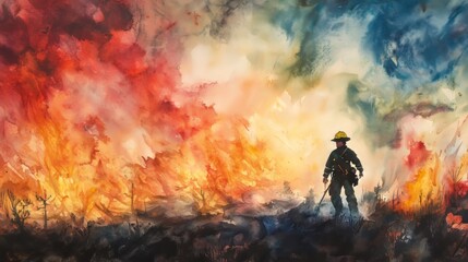 Fototapeta premium Firefighter Silhouette Against Dramatic Blaze in Vibrant Watercolor Art