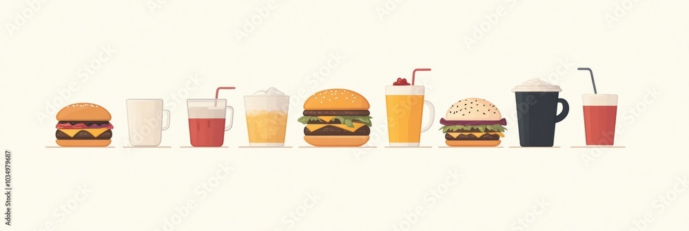 Poster a selection of delicious burgers paired with refreshing drinks set against a simple and stylish back