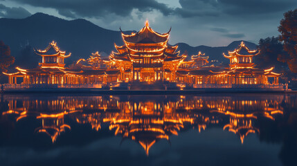 Obraz premium An illuminated temple at dusk, reflecting the deep spiritual significance it holds for the surrounding community.An illuminated temple at dusk, reflecting the deep spiritual significance it holds for 