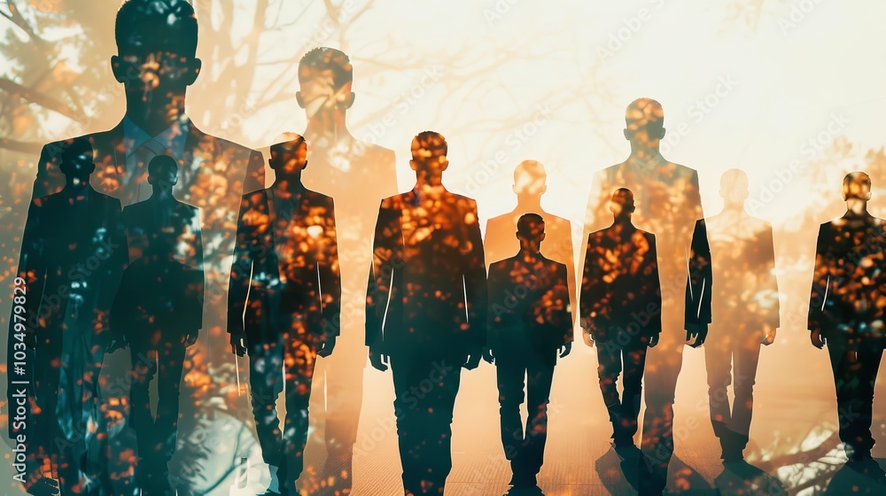 Poster a conceptual multiple exposure photograph exploring the synergy and harmony of a businessman's actio