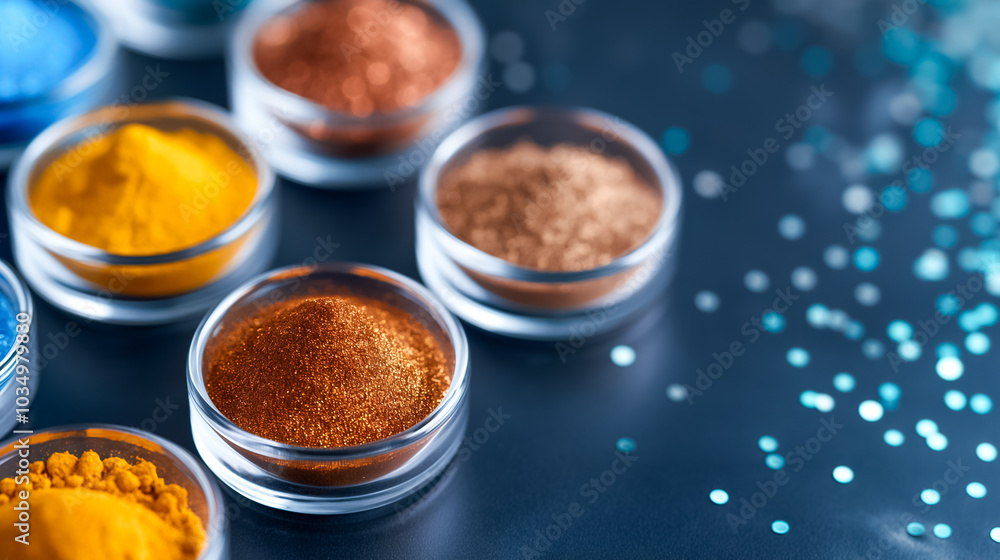Poster a vibrant display of natural powders in various colors is arranged neatly in glass containers on a d