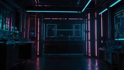 Abstract sci fi room with glowing neon lines and reflections