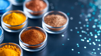 A vibrant display of natural powders in various colors is arranged neatly in glass containers on a dark surface. Sparkling glitter adds a decorative touch to the scene
