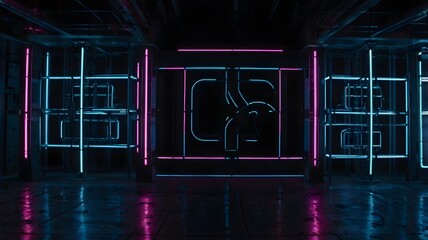 Futuristic neon lit interior with pink and blue glowing lines in dark environment