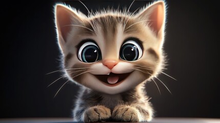 A cute 3D cartoon kitten with big eyes and a wide smile, sitting happily with a playful expression, perfect for children's content