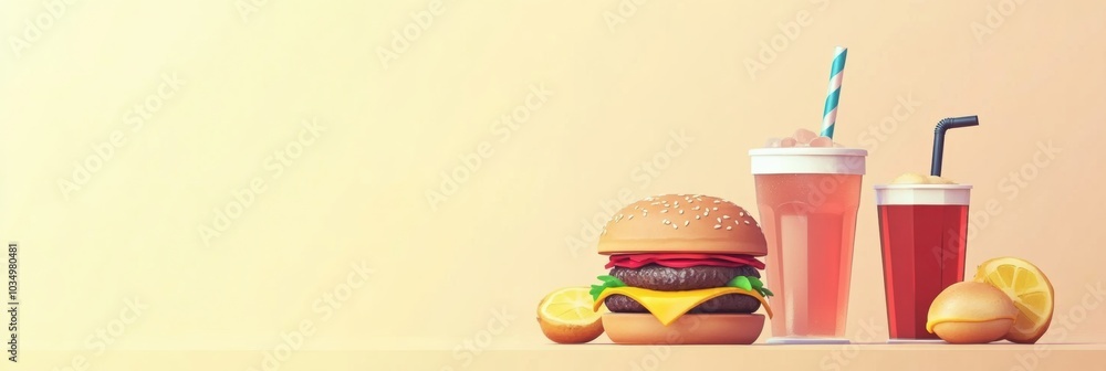 Poster a spread of burgers and drinks is set against a simple backdrop, creating a perfect setting for a ca