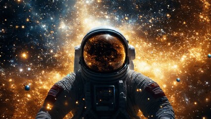 astronauts are surrounded by bright stars and swirling nebulae in a stunning space scene