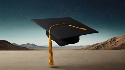 Floating graduation cap with golden tassel against desert night sky