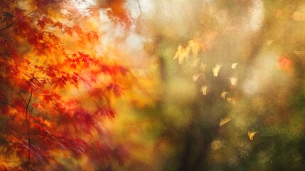 Fototapeta premium A dreamy, blurred landscape showcases a vibrant mix of autumn foliage with vivid orange and red leaves on the left. The background features a softer, more muted palette of greens and yellows, suggesti